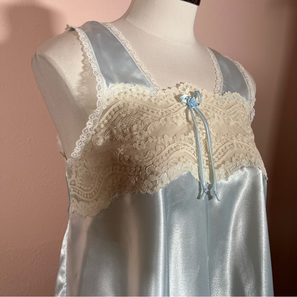 Vintage Tops - Vintage Fairycore Victorian Pale Blue Satin Art deco BabyDoll Lace Camisole Top